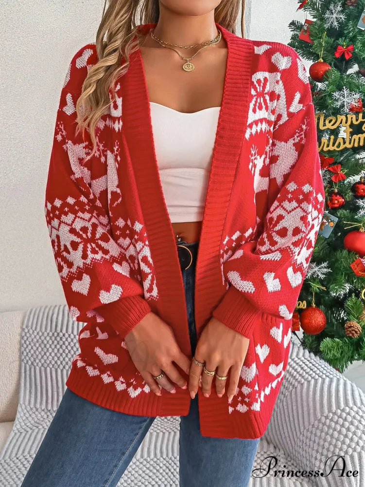 Christmas Deer Pocket Long Sleeve Cardigan Red / S