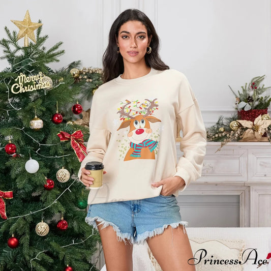 Christmas Deer Print Crew Neck Fall Winter Long Sleeve Casual Christmas Hoodie Beige / S Christmas Hoodies-L