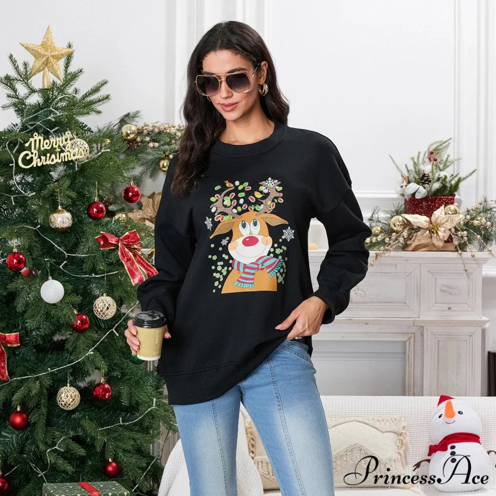 Christmas Deer Print Crew Neck Fall Winter Long Sleeve Casual Christmas Hoodie Black / S Christmas Hoodies-L