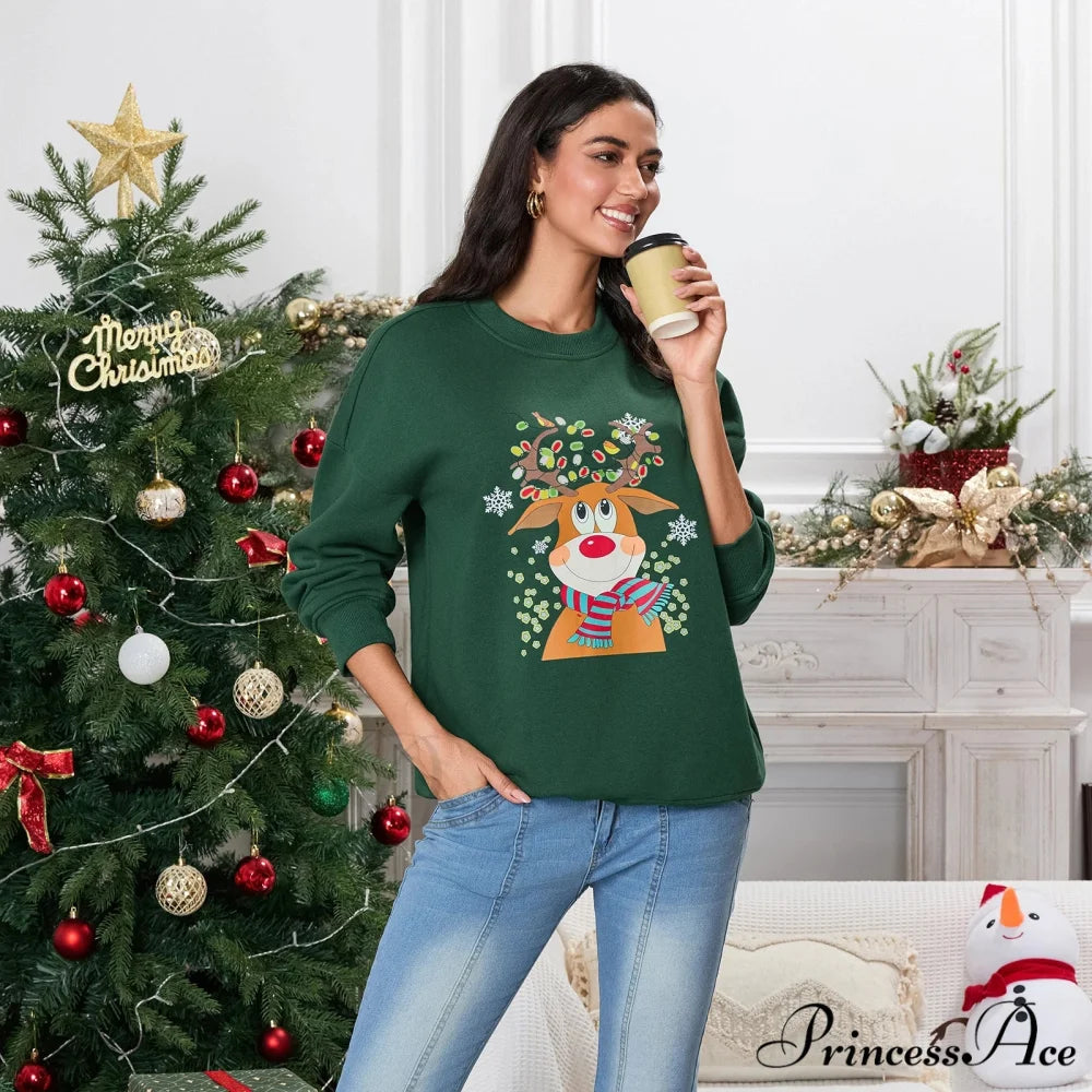Christmas Deer Print Crew Neck Fall Winter Long Sleeve Casual Christmas Hoodie Green / S Christmas Hoodies-L