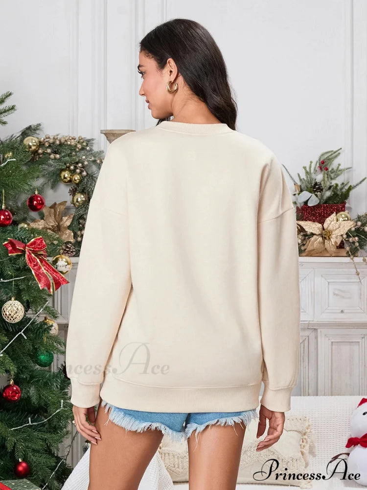 Christmas Deer Print Crew Neck Fall Winter Long Sleeve Casual Christmas Hoodie Christmas Hoodies-L