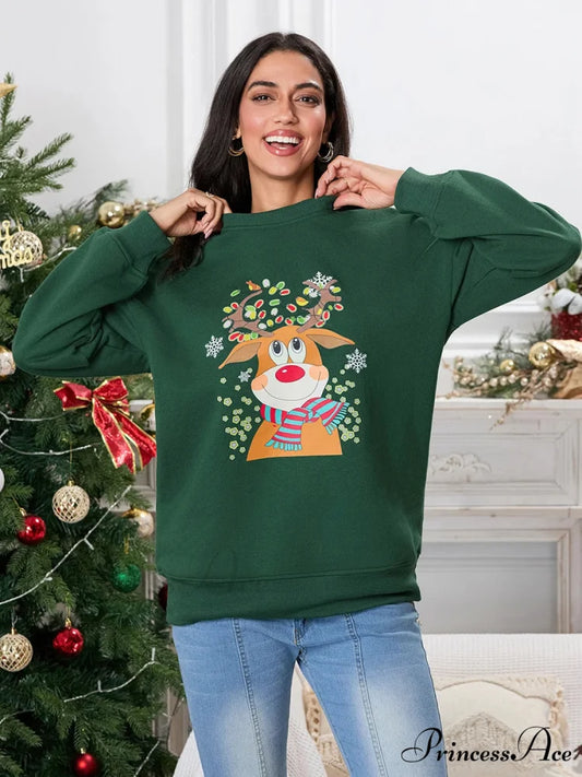Christmas Deer Print Crew Neck Fall Winter Long Sleeve Casual Christmas Hoodie Christmas Hoodies-L