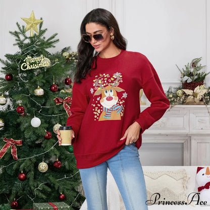 Christmas Deer Print Crew Neck Fall Winter Long Sleeve Casual Christmas Hoodie Red / S Christmas Hoodies-L