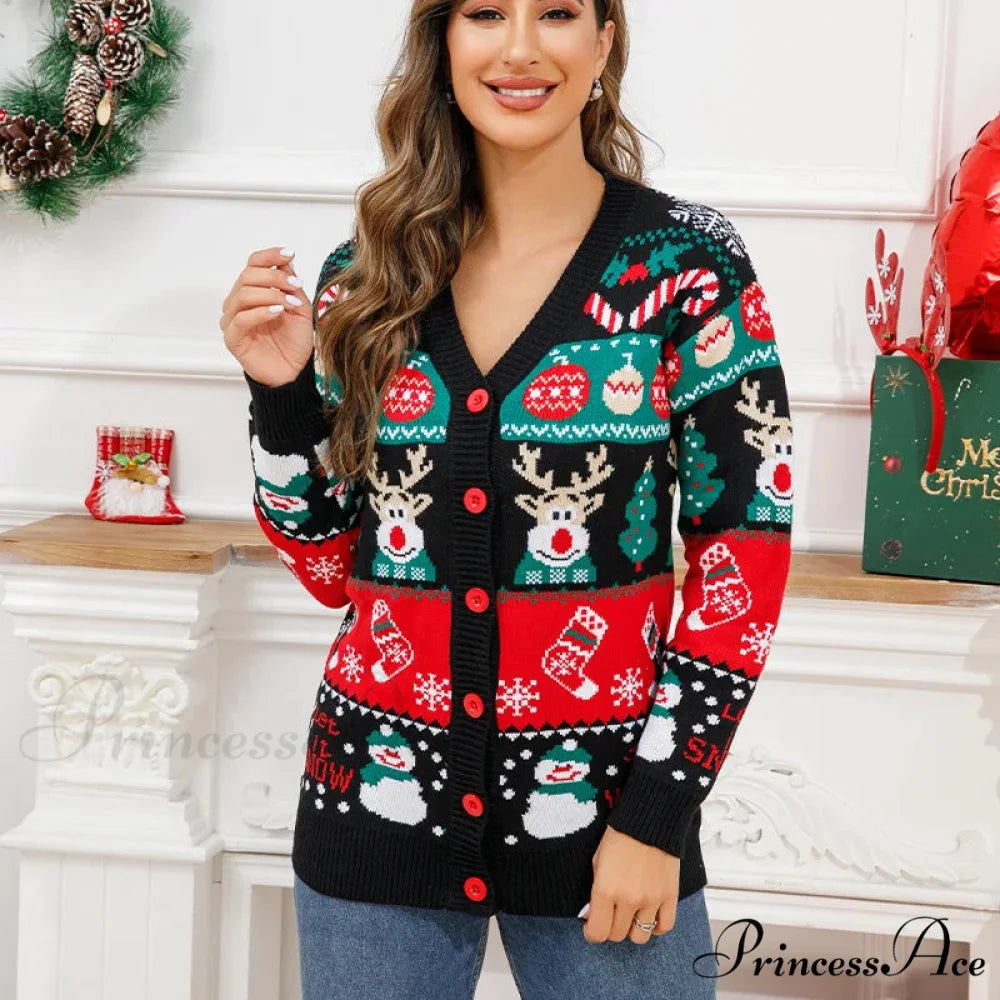 Christmas Deer Snowman Pullover Cardigan Black style / S