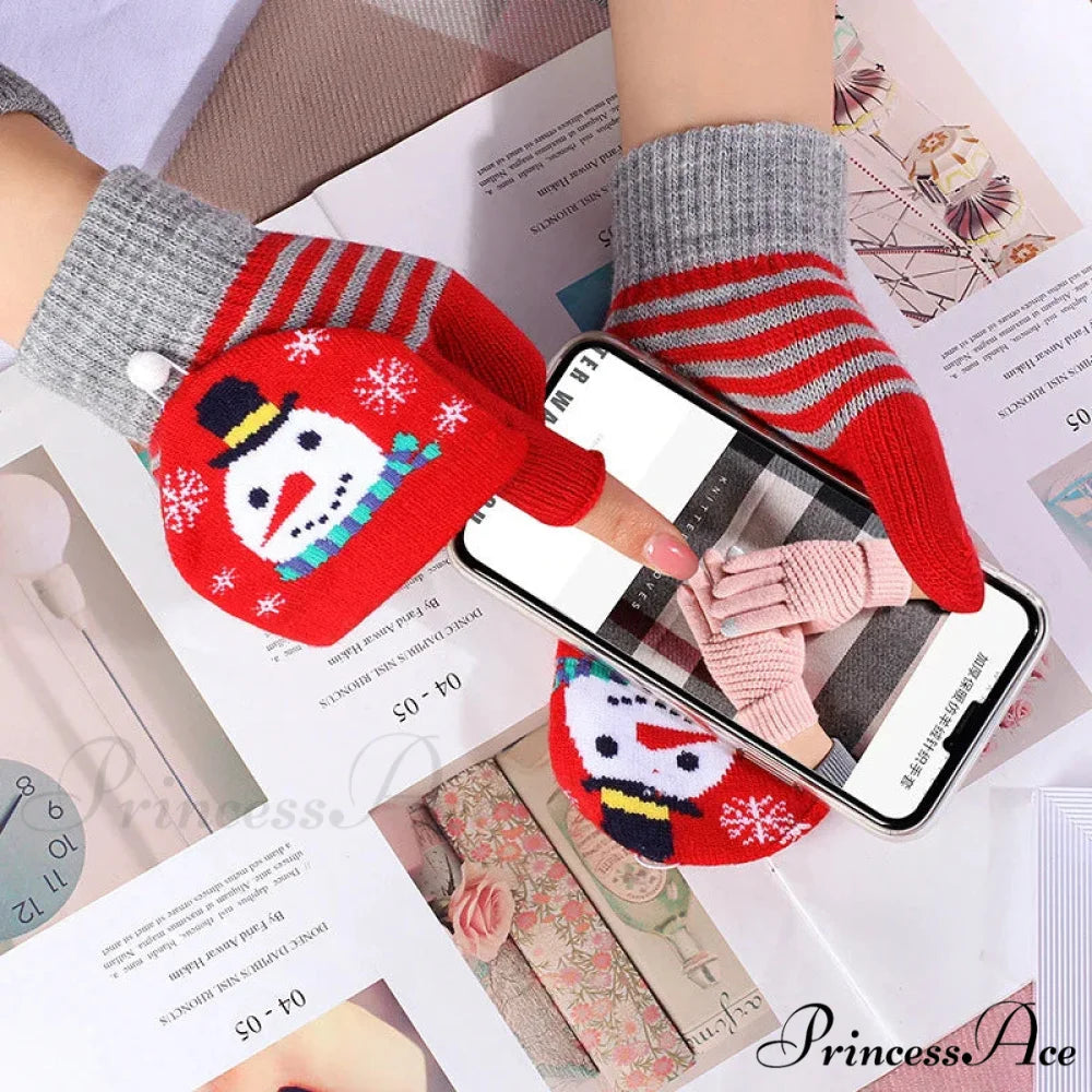 Christmas Elk Printed Knitted Flip Half Finger Winter Glove