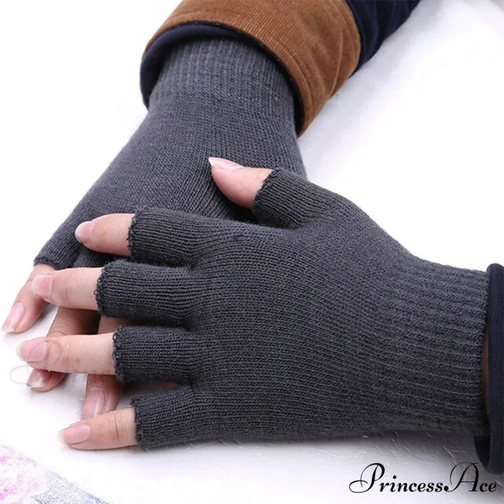 Christmas Elk Printed Knitted Flip Half Finger Winter Glove GRAY