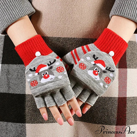 Christmas Elk Printed Knitted Flip Half Finger Winter Glove RED 1