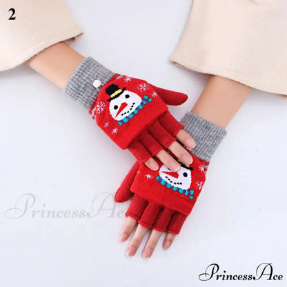 Christmas Elk Printed Knitted Flip Half Finger Winter Glove RED 2