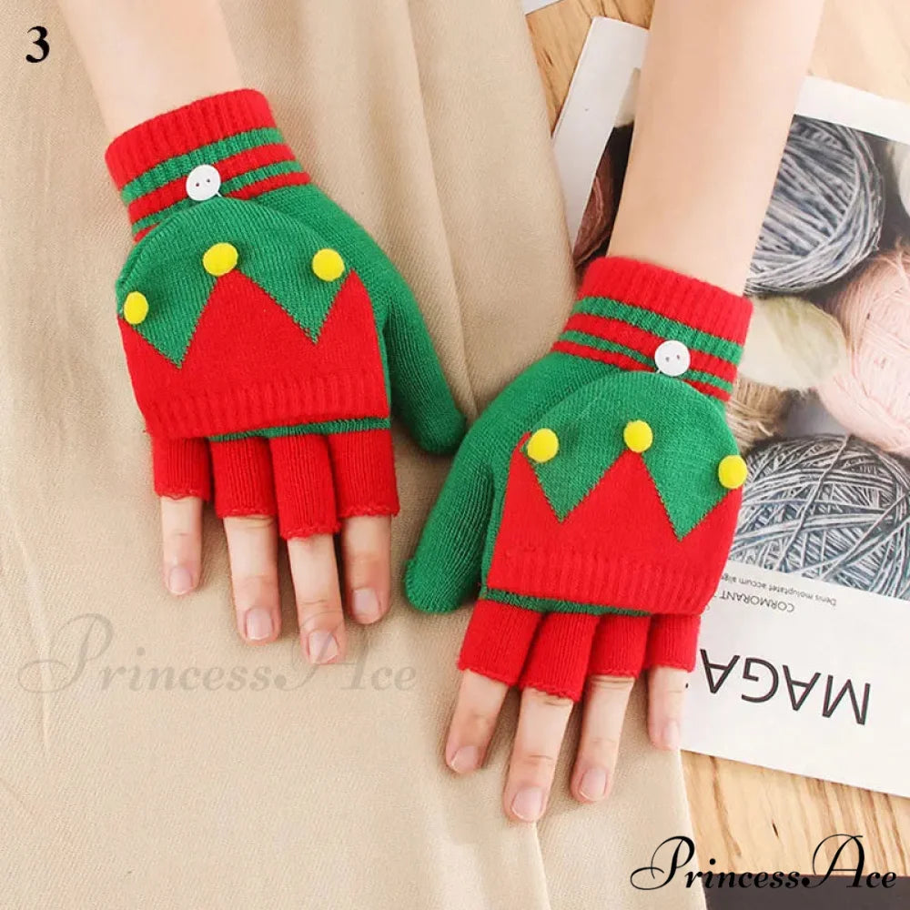 Christmas Elk Printed Knitted Flip Half Finger Winter Glove RED 3