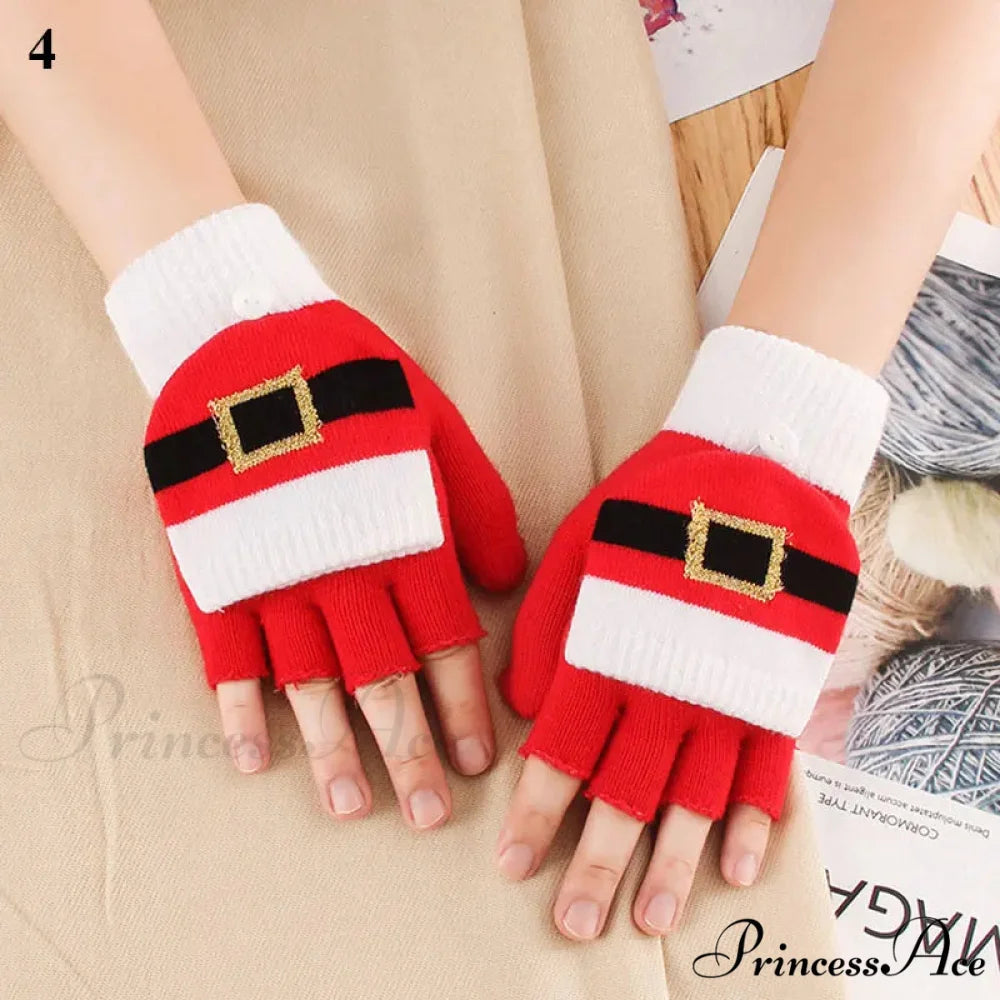 Christmas Elk Printed Knitted Flip Half Finger Winter Glove RED 4