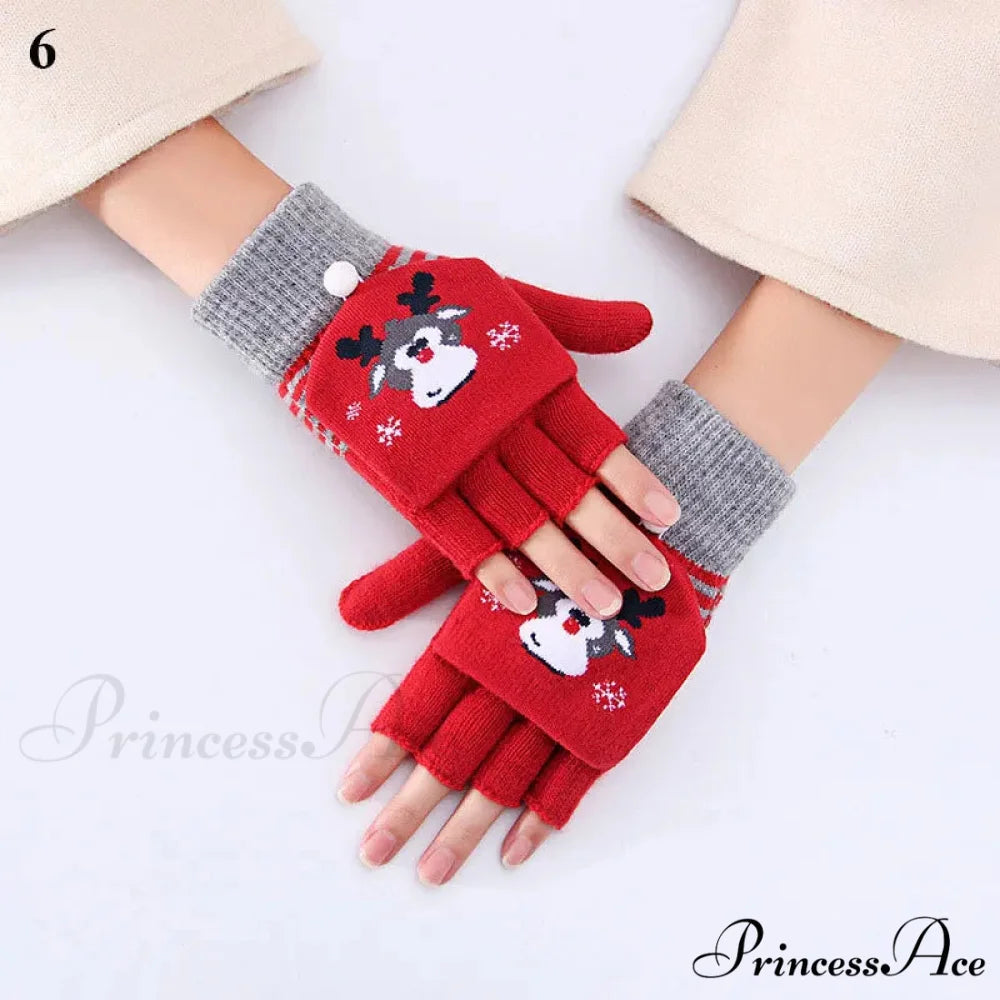Christmas Elk Printed Knitted Flip Half Finger Winter Glove RED 5