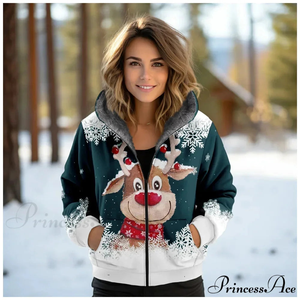 Christmas Fleece Deer Print Coat green 2 / XXS