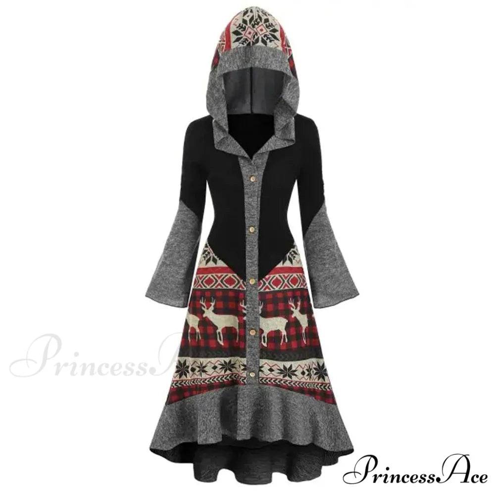 Christmas Hooded Vintage Long Sleeve Vestidos Mujer Black / S
