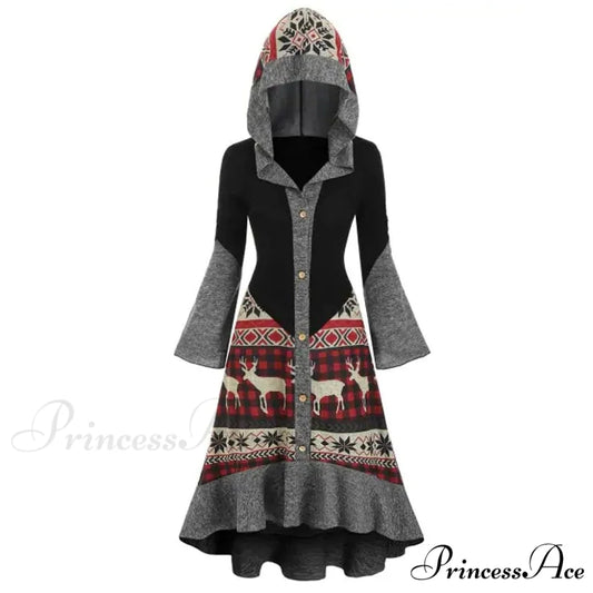 Christmas Hooded Vintage Long Sleeve Vestidos Mujer Black / S