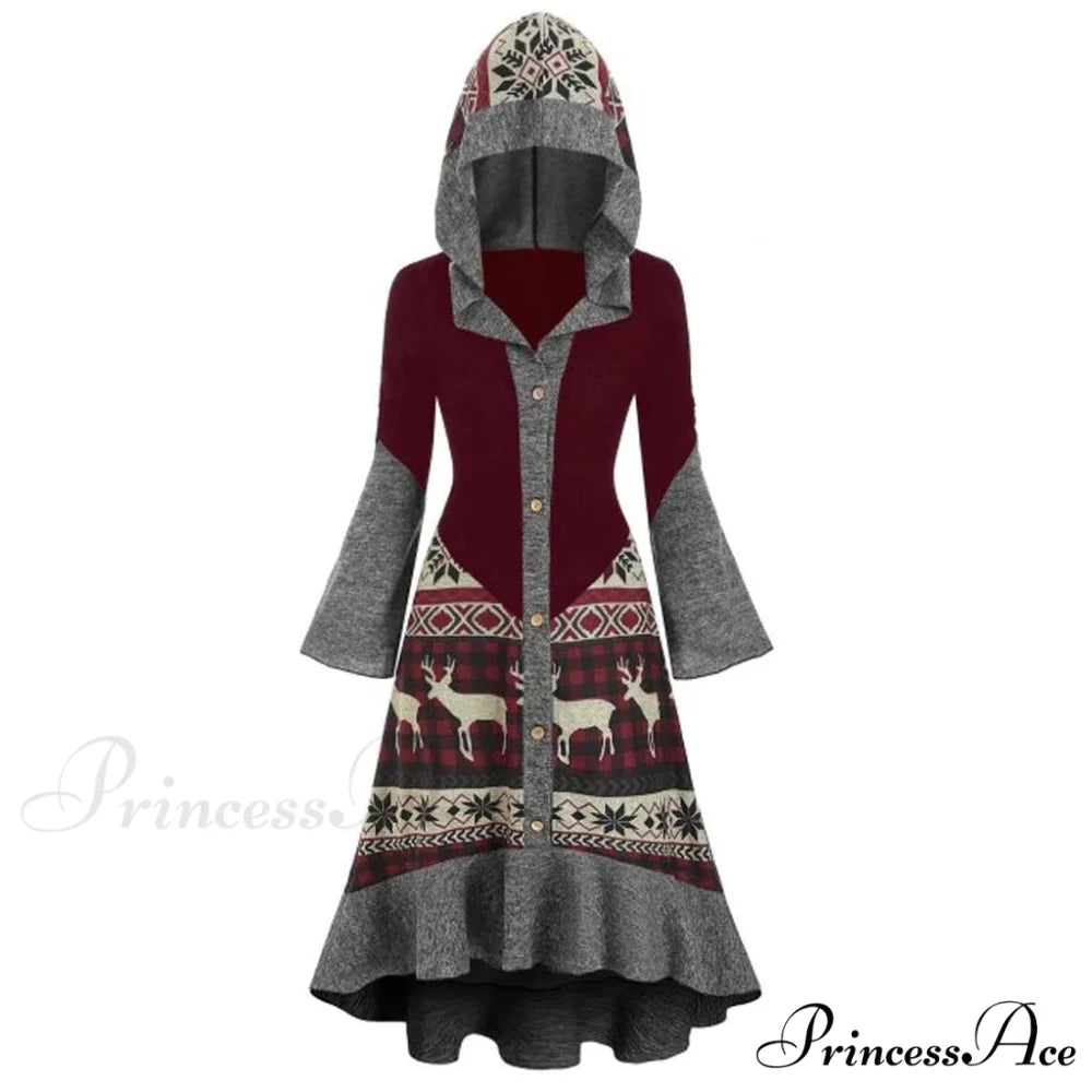 Christmas Hooded Vintage Long Sleeve Vestidos Mujer Burgundy / S