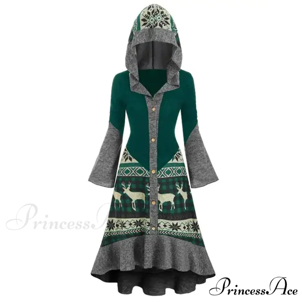 Christmas Hooded Vintage Long Sleeve Vestidos Mujer Green / S