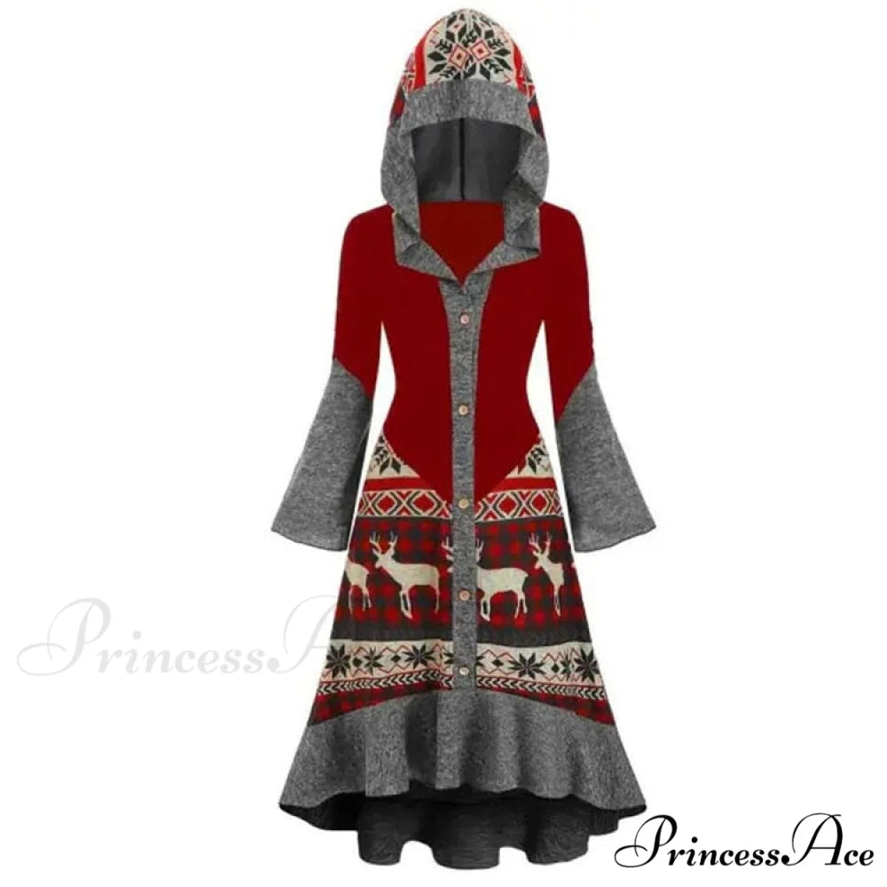 Christmas Hooded Vintage Long Sleeve Vestidos Mujer Red / S