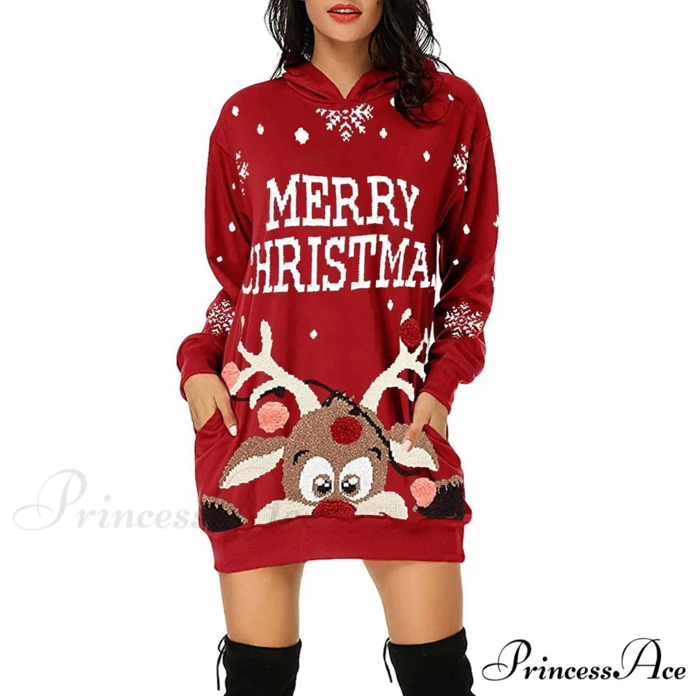 Christmas Hoodie Bag Hip Pocket Elk Sweater Dress Red / S