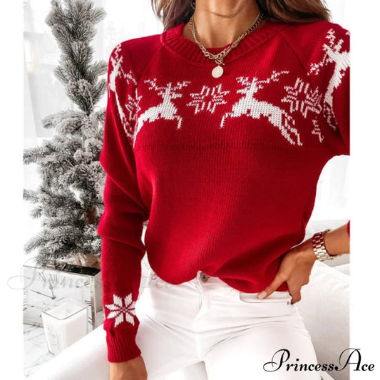 Christmas Knitted Long Pullover Sweater Red / S