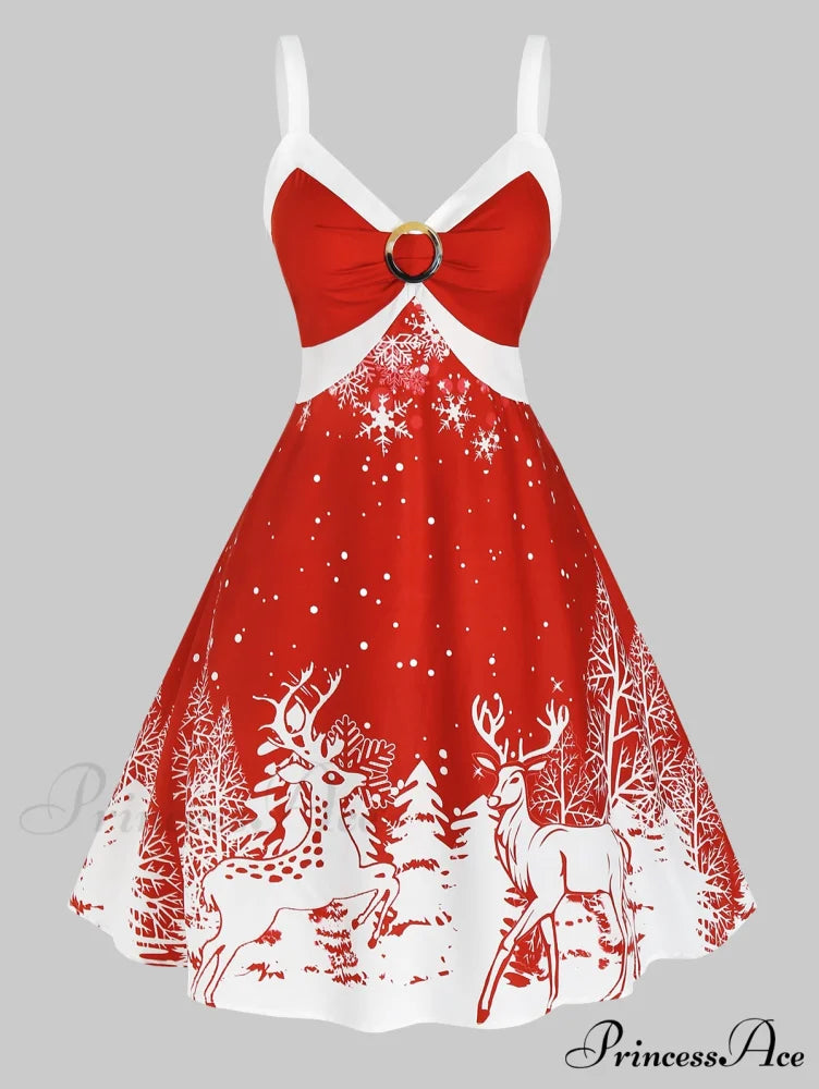 Christmas Lace Up Party Colorblock Two Tone Christmas Clothing Red / L