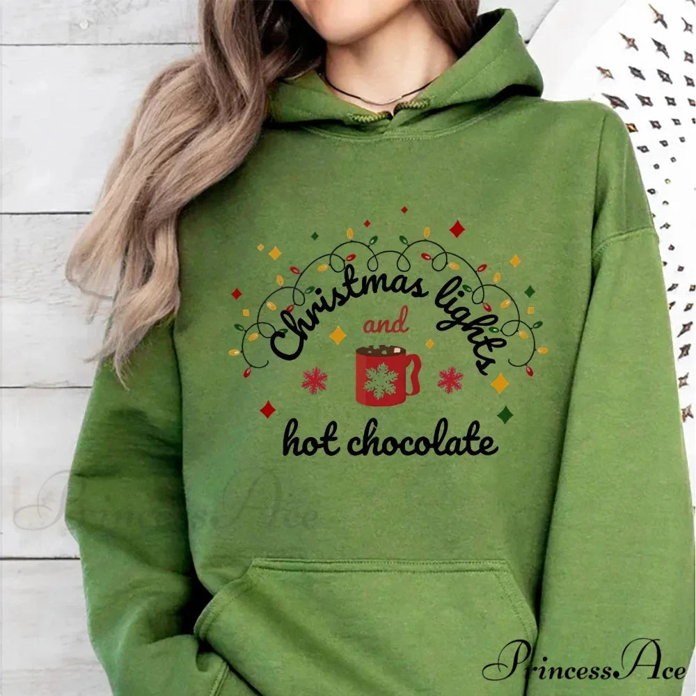 Christmas Lights Hot Chocolate Merry Bright Festive Family Christmas Hoodie army green / S Christmas Hoodies-L