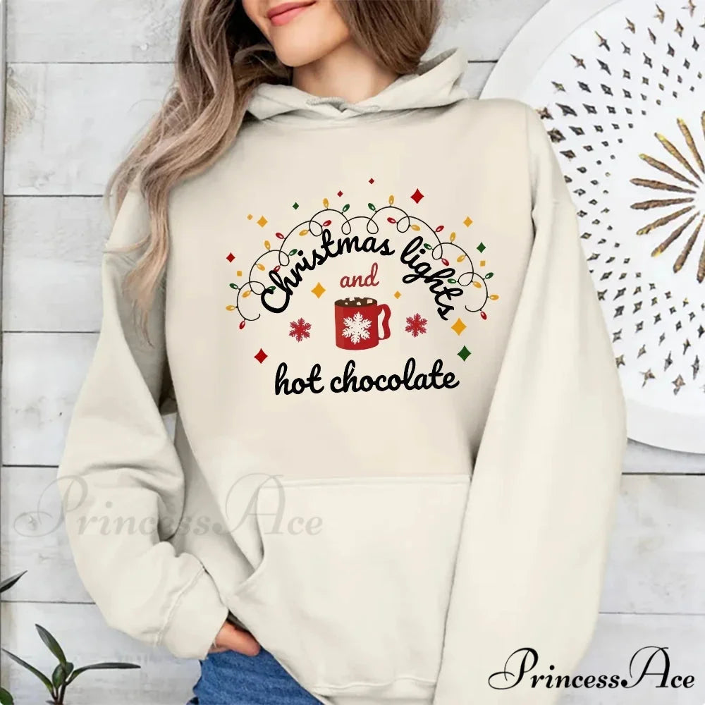 Christmas Lights Hot Chocolate Merry Bright Festive Family Christmas Hoodie Khaki / S Christmas Hoodies-L