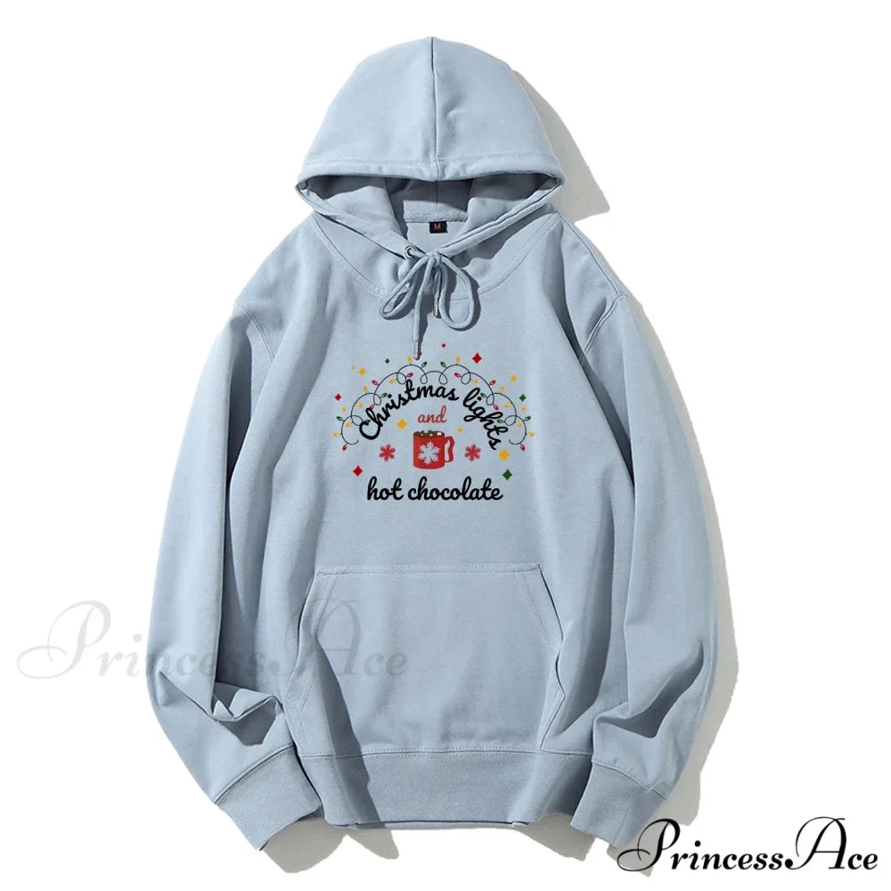 Christmas Lights Hot Chocolate Merry Bright Festive Family Christmas Hoodie Light Blue / S Christmas Hoodies-L