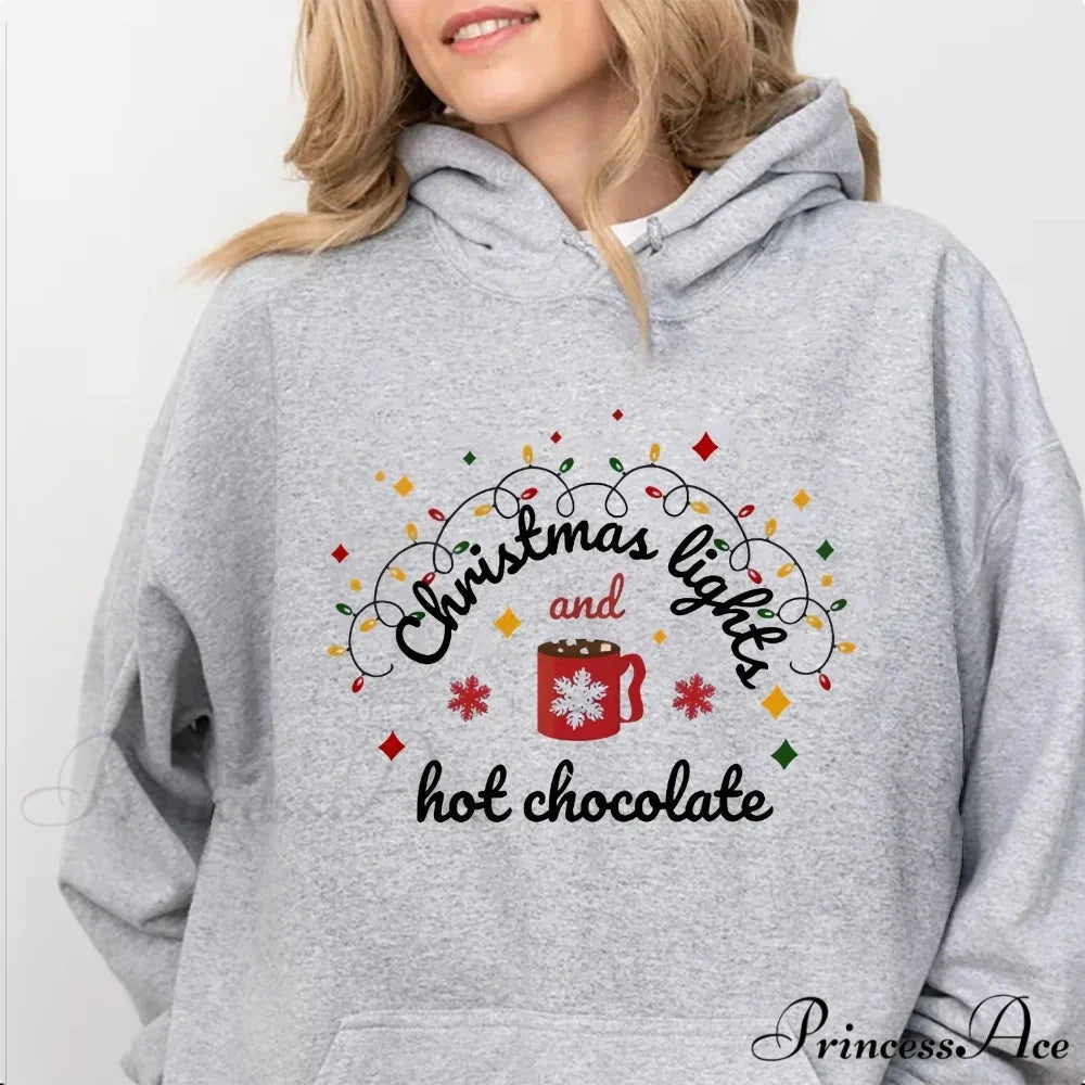 Christmas Lights Hot Chocolate Merry Bright Festive Family Christmas Hoodie Light Grey / S Christmas Hoodies-L