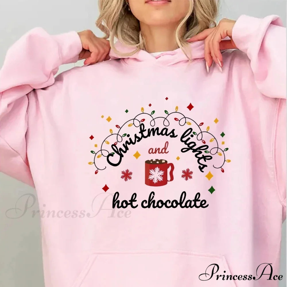 Christmas Lights Hot Chocolate Merry Bright Festive Family Christmas Hoodie Pink / S Christmas Hoodies-L