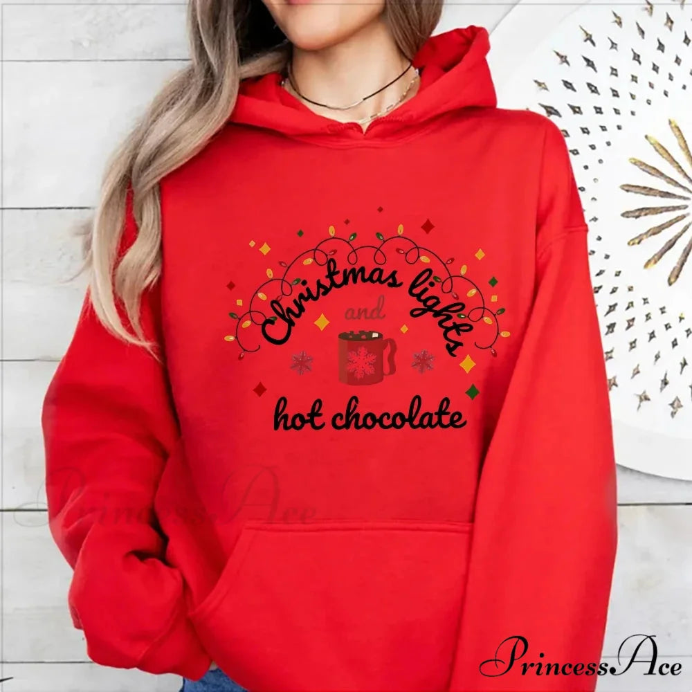 Christmas Lights Hot Chocolate Merry Bright Festive Family Christmas Hoodie Red / S Christmas Hoodies-L