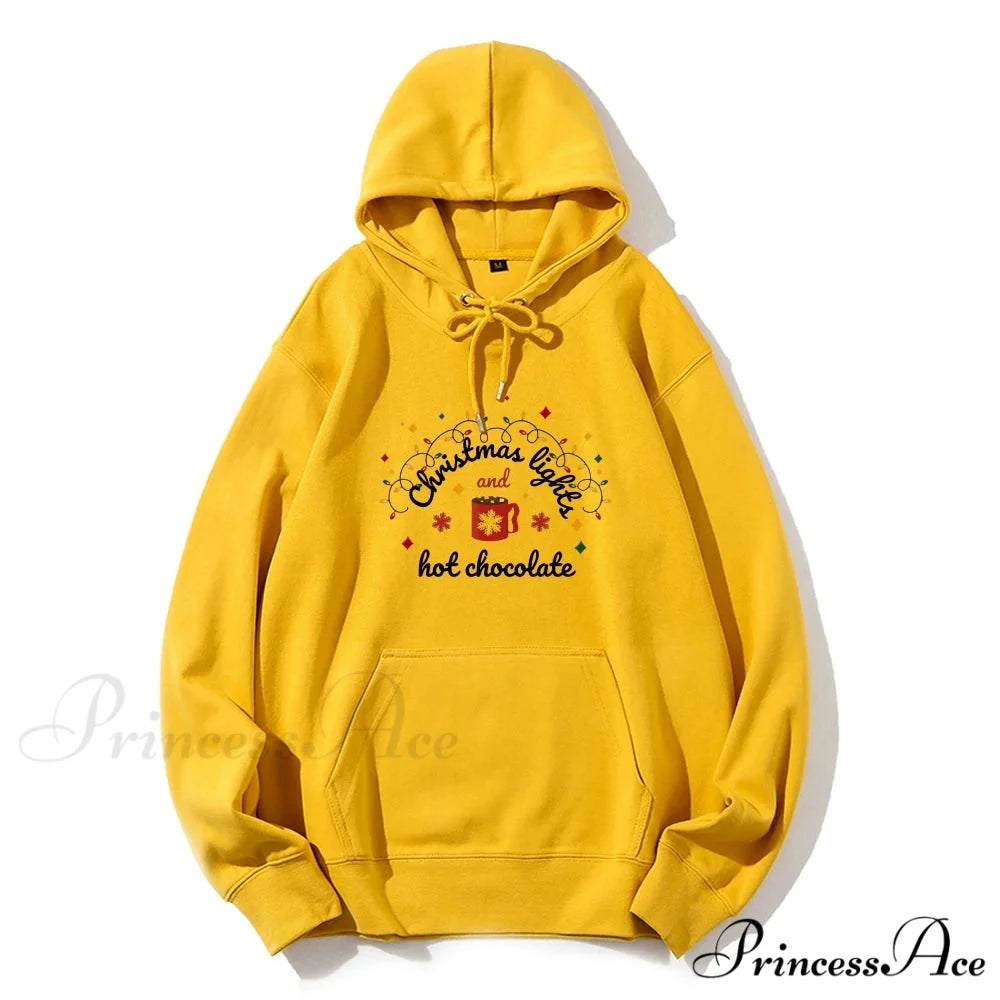 Christmas Lights Hot Chocolate Merry Bright Festive Family Christmas Hoodie Yellow / S Christmas Hoodies-L