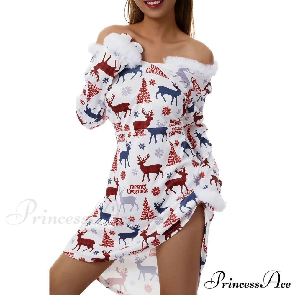 Christmas Long Sleeve Plush V Neck Casual Dresses