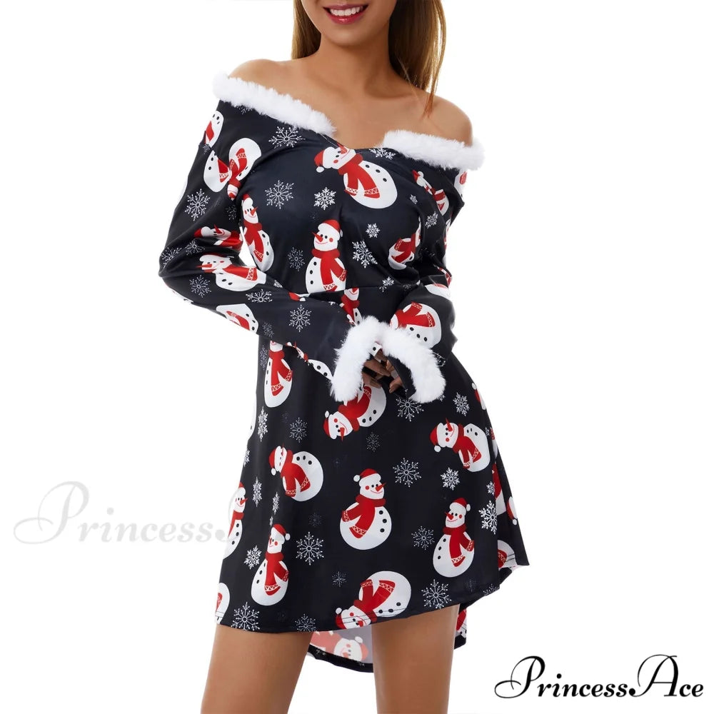 Christmas Long Sleeve Plush V Neck Casual Dresses