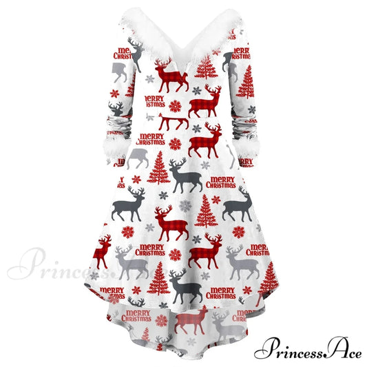Christmas Long Sleeve Plush V Neck Casual Dresses B / S