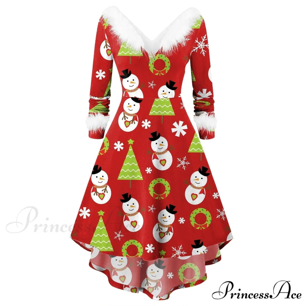 Christmas Long Sleeve Plush V Neck Casual Dresses H / S