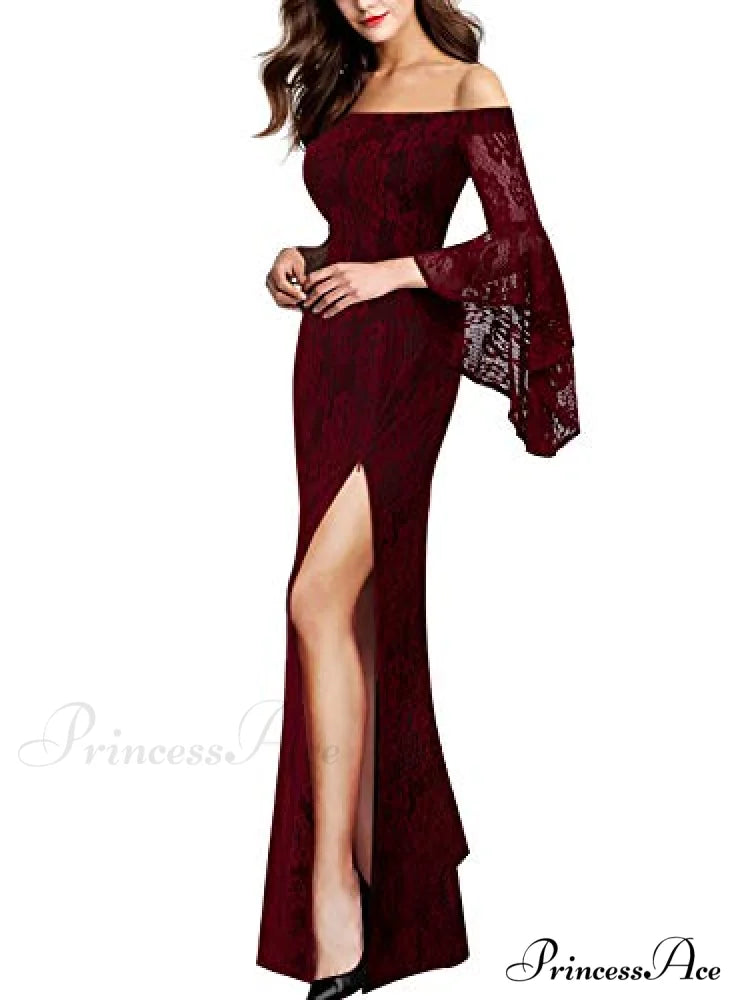 Christmas Off Shoulder Bell Sleeve Formal Evening Maxi Dress Dark Red Lace / Large