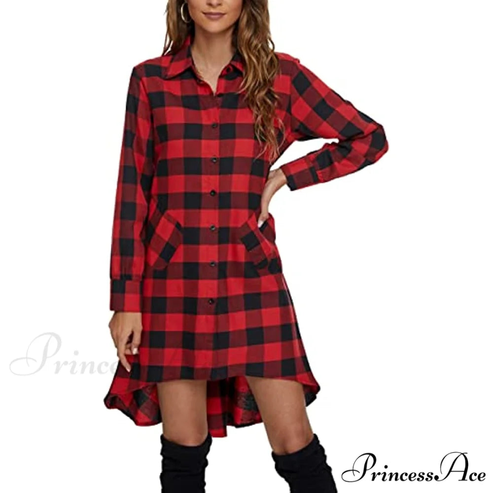 Christmas Plaids V Neck Long Sleeve Irregular Hem Dress