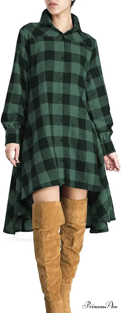 Christmas Plaids V Neck Long Sleeve Irregular Hem Dress Green / Medium
