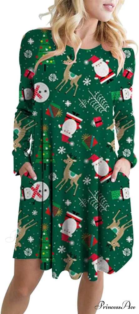 Christmas Print Pullover Flared A Line Dress Snowman Pocket 1 / X-Large