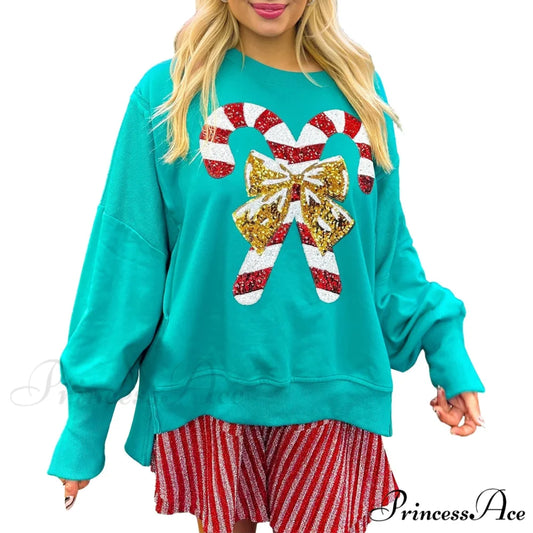 Christmas Sequin Candy Cane Holiday Oversized Side Slit Sparkly Pullover Christmas Hoodie Green / S Christmas Hoodies-L
