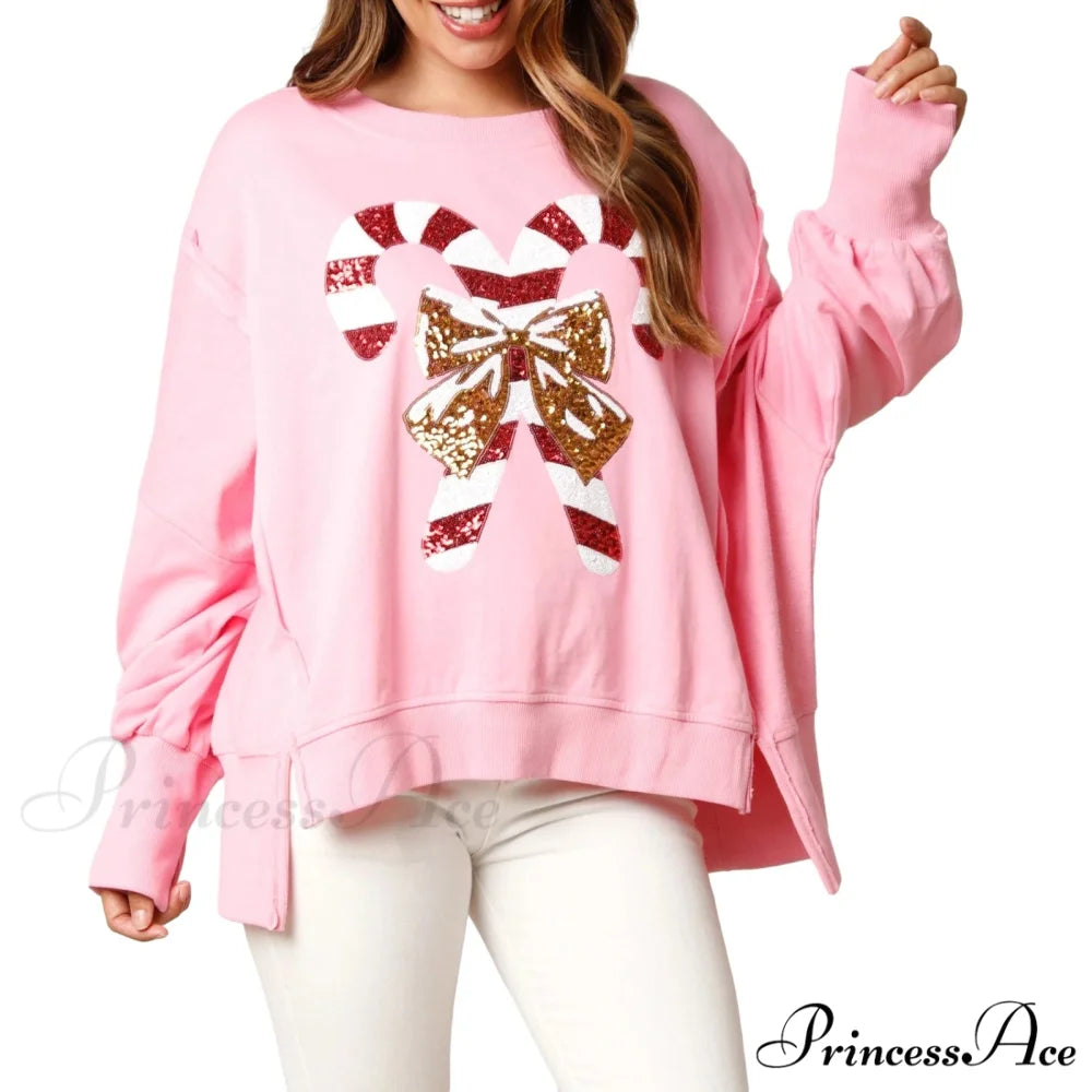 Christmas Sequin Candy Cane Holiday Oversized Side Slit Sparkly Pullover Christmas Hoodie Pink / S Christmas Hoodies-L