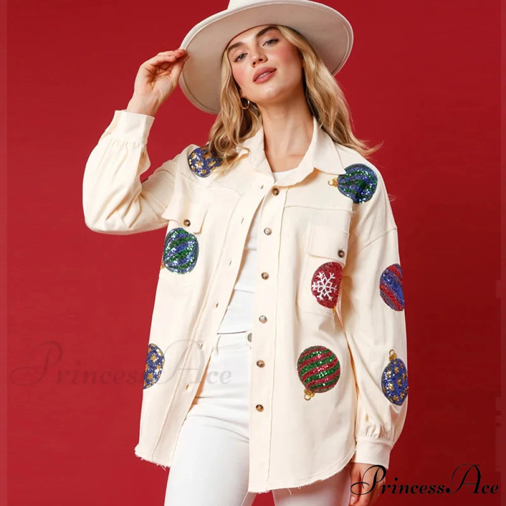 Christmas Sequin Lapel Cardigan Coat beigewhite / S