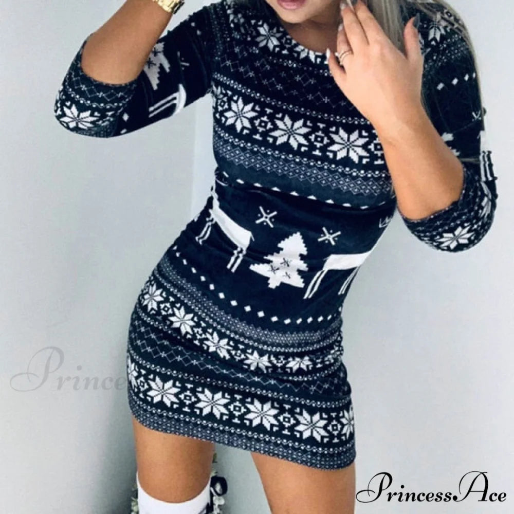 Christmas Snowflake Elk Print Dress 02 Dark Blue / S