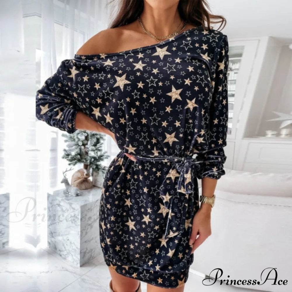 Christmas Snowflake Elk Print Dress Off Shoulder Black / S