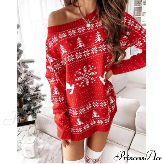 Christmas Snowflake Fawn Print Sweater Dress Red / S