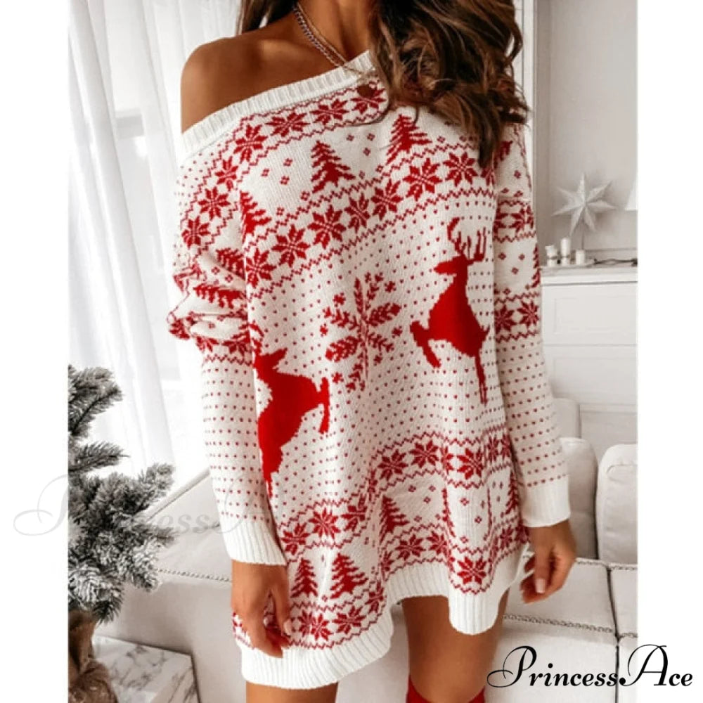 Christmas Snowflake Fawn Print Sweater Dress white / S