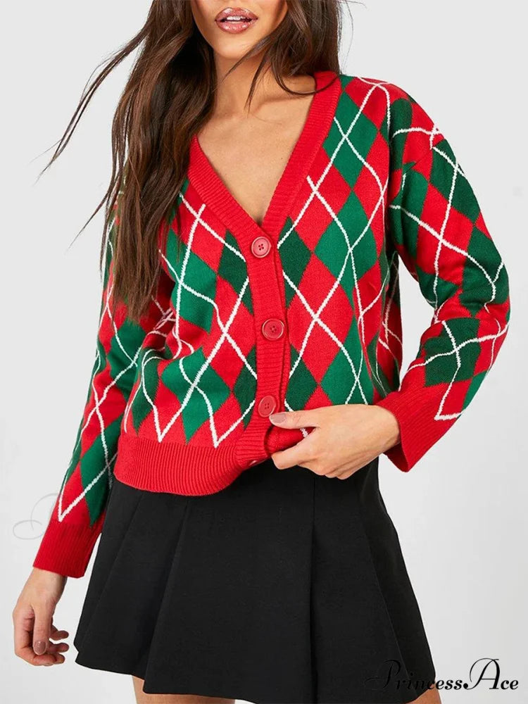 Christmas Sweater Button Diamond Cardigan