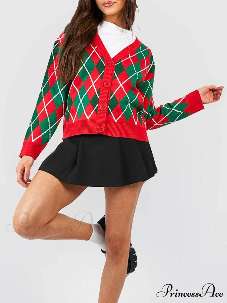 Christmas Sweater Button Diamond Cardigan