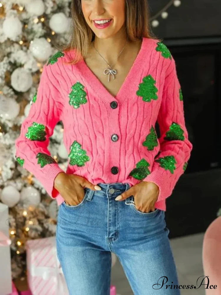 Christmas Tree Glitter V-neck Button Cardigan Pink / S