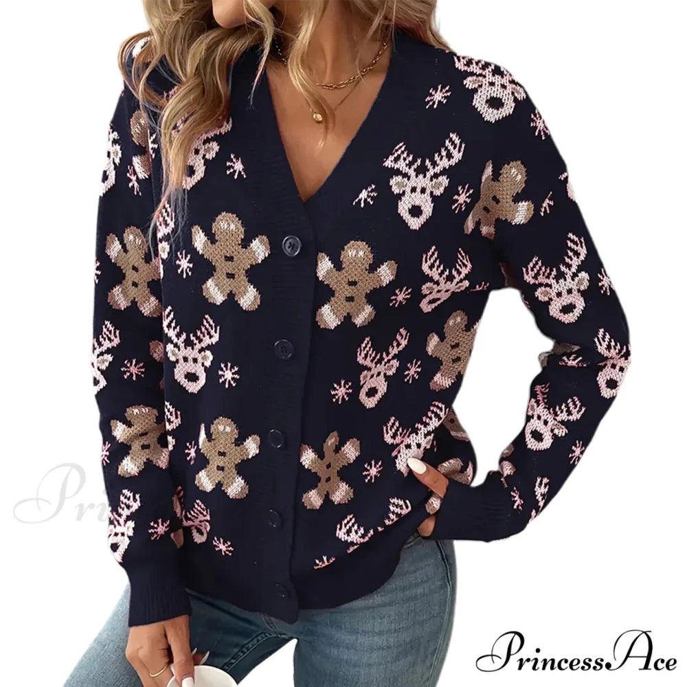 Christmas V-neck Elk Print Cardigan Blue / S
